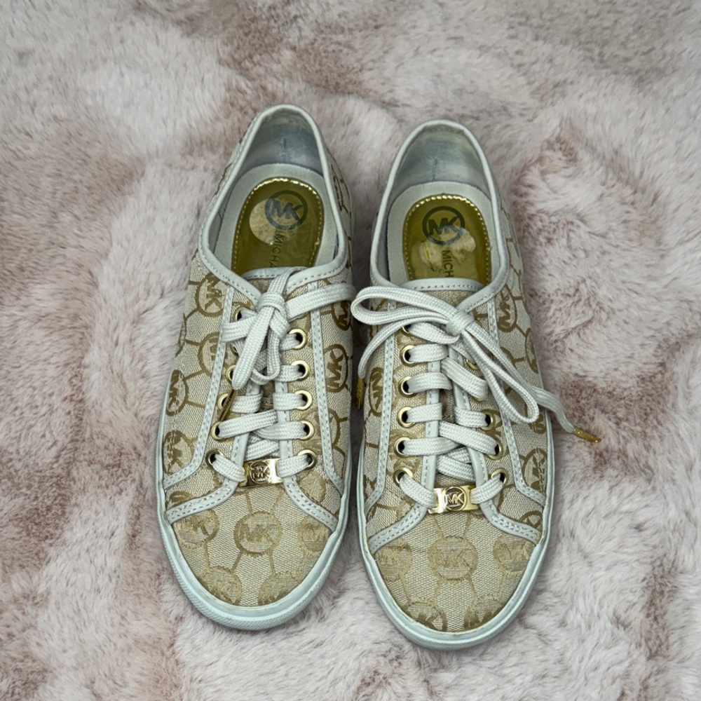 Michael Kors Tan Monogram Sneakers with Gold Accents